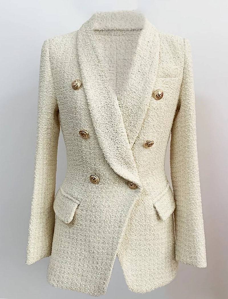 Double-Breasted Scalloped Shawl Collar Blazer