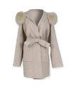 Double Faced Belted Wool Cashmere Coat With Fur Hoodie - BEYAZURA.COM