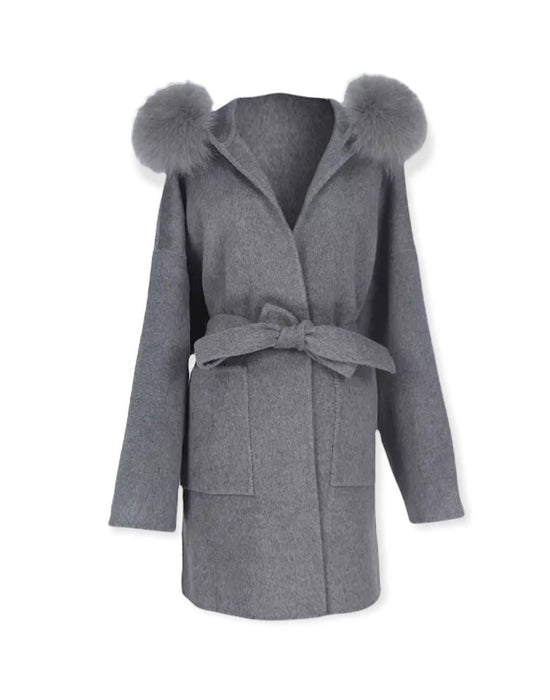 Double Faced Belted Wool Cashmere Coat With Fur Hoodie - BEYAZURA.COM