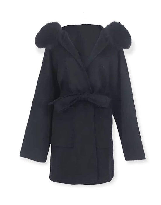 Double Faced Belted Wool Cashmere Coat With Fur Hoodie In Blue - BEYAZURA.COM