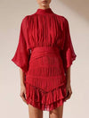 Draped Big Sleeve Flared Skirt Dress - BEYAZURA.COM