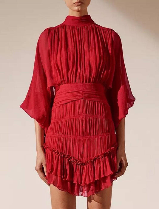 Draped Big Sleeve Flared Skirt Dress - BEYAZURA.COM
