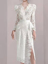 Draped Embroidered Side Slit Lace Dress - BEYAZURA.COM
