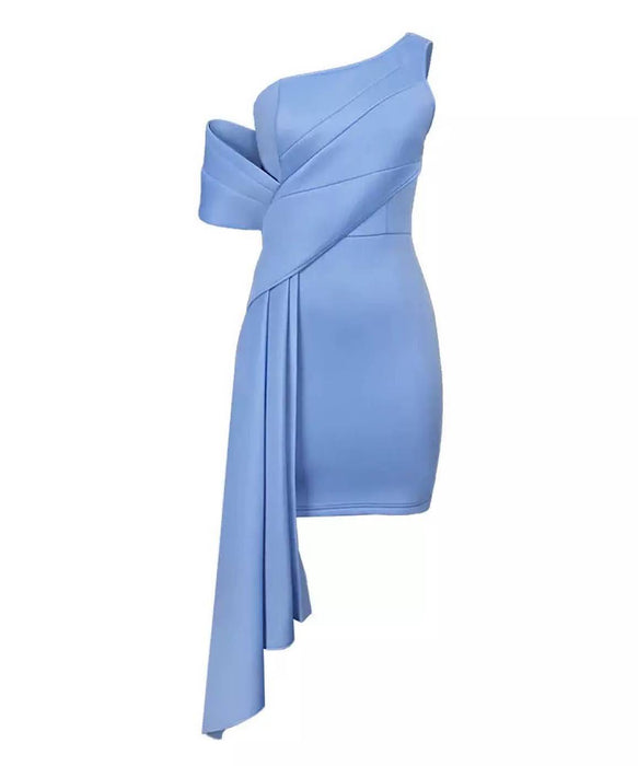 Draped Front One Shoulder Dress in Blue - BEYAZURA.COM