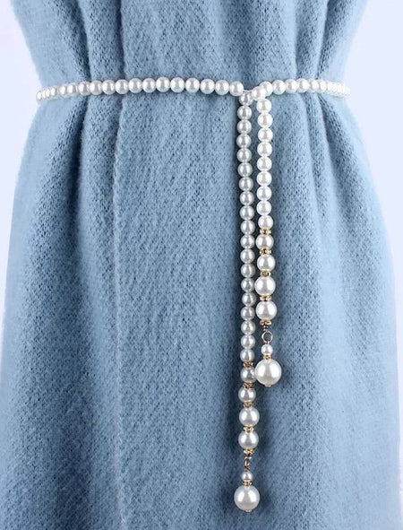 Elastic Long Pearl Strip Waist Belt - BEYAZURA.COM