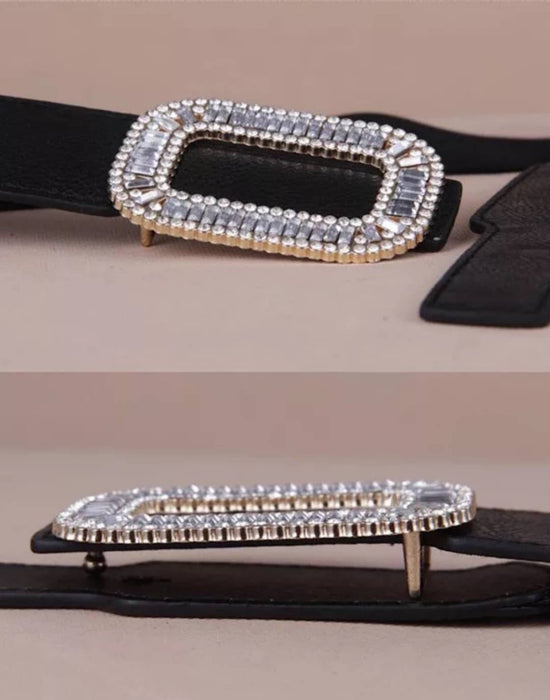 Elastic Waist Bedazzled Crystal Buckle Belt - BEYAZURA.COM