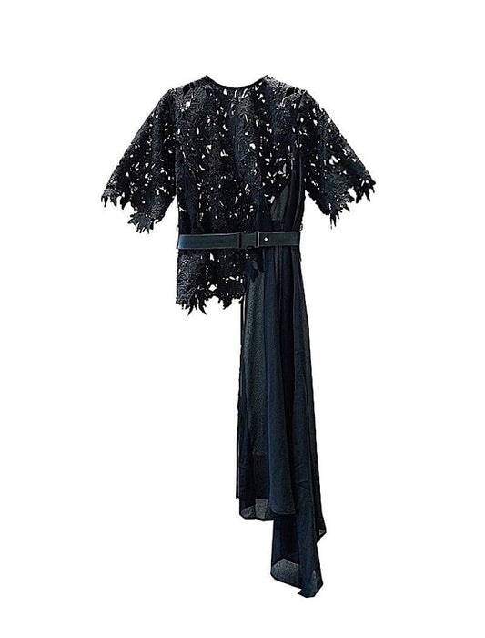 Embroidered Lace Top With Long Chiffon Side In Black - BEYAZURA.COM