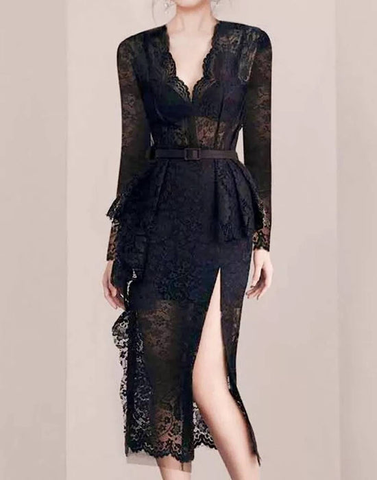 Embroidered Side Slit Lace Dress - BEYAZURA.COM