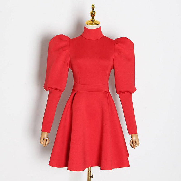 Exaggerated Shoulder Long Sleeve Flared Skirt Dress - BEYAZURA.COM