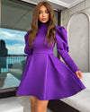 Exaggerated Shoulder Long Sleeve Flared Skirt Dress - BEYAZURA.COM