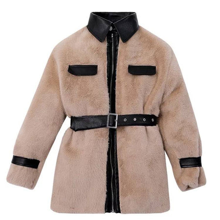Faux Fur Pu Leather Trimmed Coat - BEYAZURA.COM