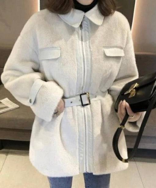 Faux Fur Pu Leather Trimmed Coat - BEYAZURA.COM