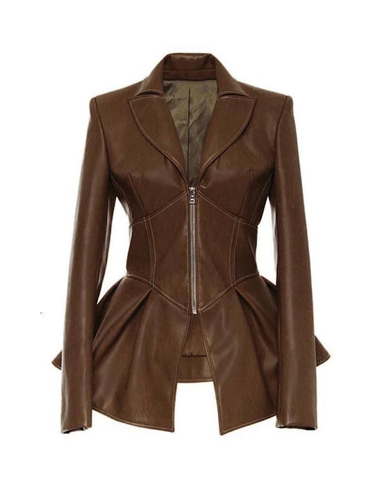 Faux Leather Corset Style Waist Jacket - BEYAZURA.COM