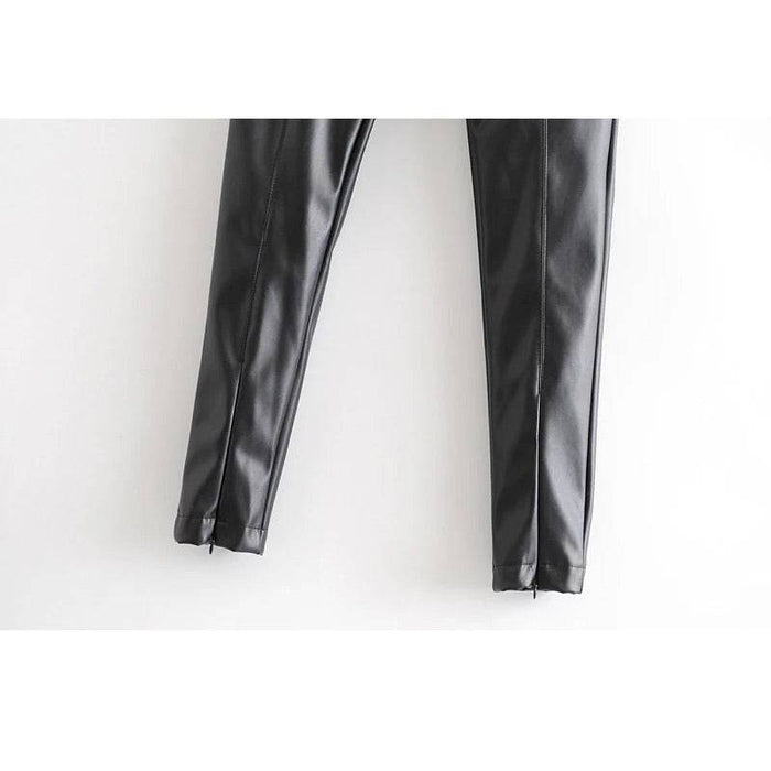 Faux Leather Zippered Ankle Leggings - BEYAZURA.COM