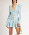 Flared Deep Cleavage Knitted Mini Dress in Sky Blue - BEYAZURA.COM