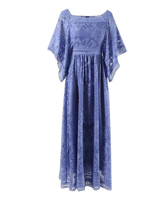 Flared Sleeve Crochet Knitted Long Dress In Purple - BEYAZURA.COM