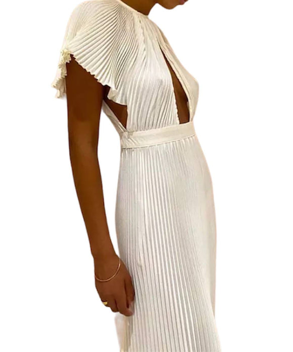 Flared Sleeve Pleated Flowy Dress - BEYAZURA.COM
