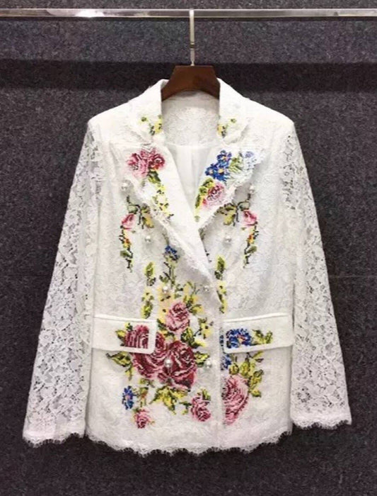 Floral Embroidered Lace Blazer - BEYAZURA.COM