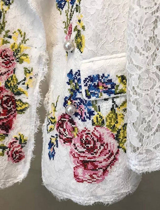 Floral Embroidered Lace Blazer - BEYAZURA.COM