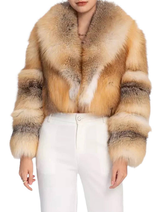 Fox Fur Cropped Turn Down Collar Coat - BEYAZURA.COM