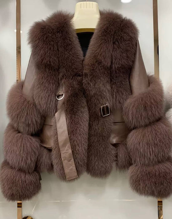 Fox Fur Leather Trimmed Belted Coat - BEYAZURA.COM