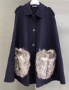 Fox Fur Patched Pocked Wool Cape Poncho - BEYAZURA.COM