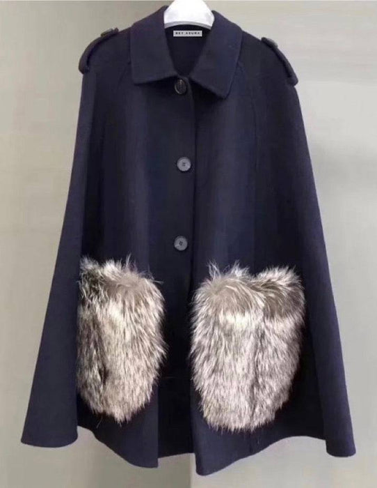 Fox Fur Patched Pocked Wool Cape Poncho - BEYAZURA.COM