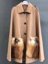 Fox Fur Patched Pocked Wool Cape Poncho - BEYAZURA.COM