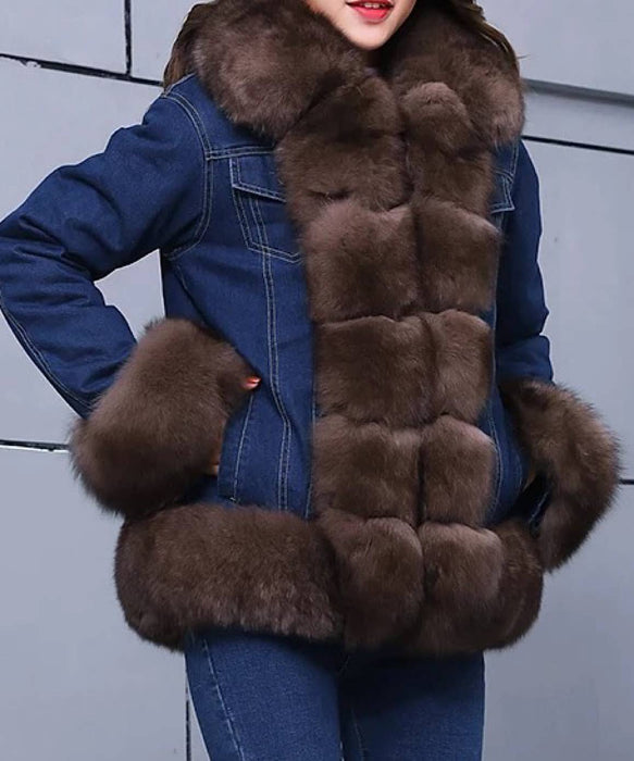 Fox Fur Trimmed Parka Denim Coat With Rabbit Fur Lining In Pink - BEYAZURA.COM
