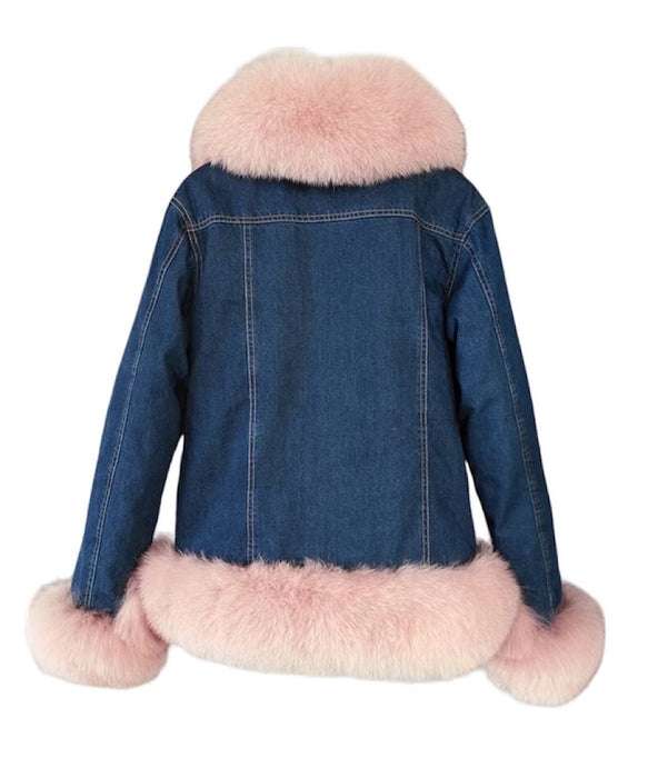 Fox Fur Trimmed Parka Denim Coat With Rabbit Fur Lining In Pink - BEYAZURA.COM