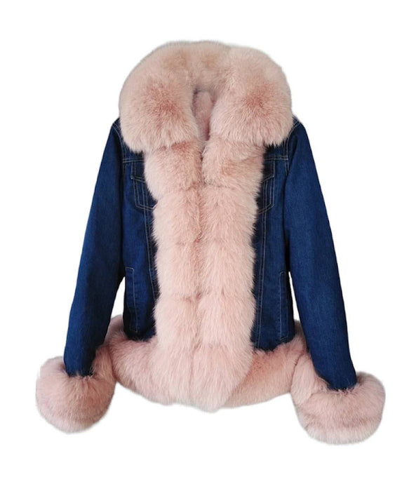 Fox Fur Trimmed Parka Denim Coat With Rabbit Fur Lining In Pink - BEYAZURA.COM