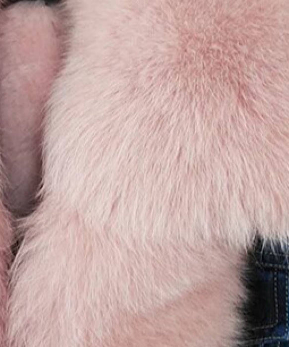 Fox Fur Trimmed Parka Denim Coat With Rabbit Fur Lining In Pink - BEYAZURA.COM