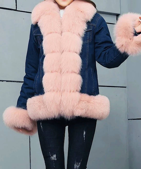 Fox Fur Trimmed Parka Denim Coat With Rabbit Fur Lining In Pink - BEYAZURA.COM