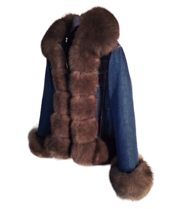 Fox Fur Trimmed Parka Denim Coat With Rabbit Fur Lining In Pink - BEYAZURA.COM