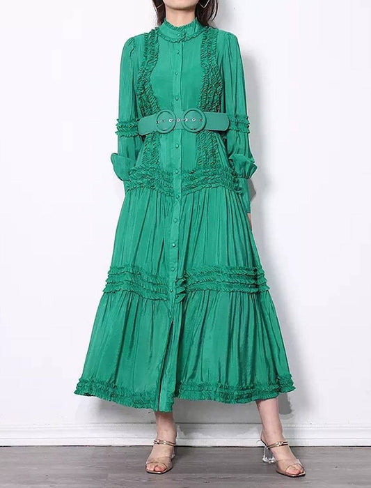 Frill Decorated Long Sleeve Belted Dress - BEYAZURA.COM
