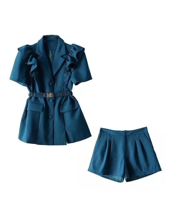 Frilled Belted Jacket Shorts Set - BEYAZURA.COM