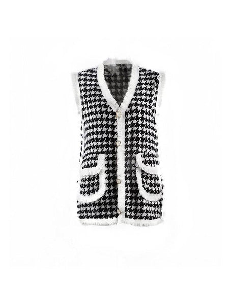 Fringed Houndstooth Pattern Knit Long Vest - BEYAZURA.COM