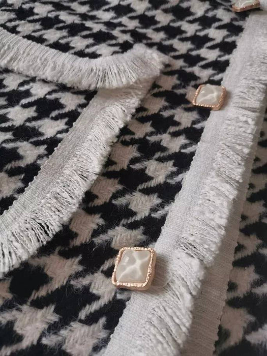 Fringed Houndstooth Pattern Knit Long Vest - BEYAZURA.COM