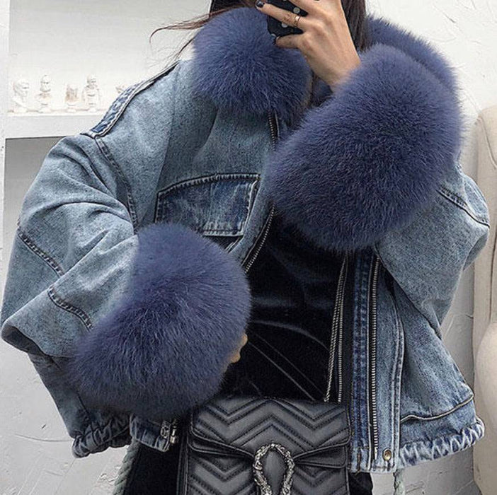 Genuine Fox Fur Trimmed Denim Jackets - BEYAZURA.COM