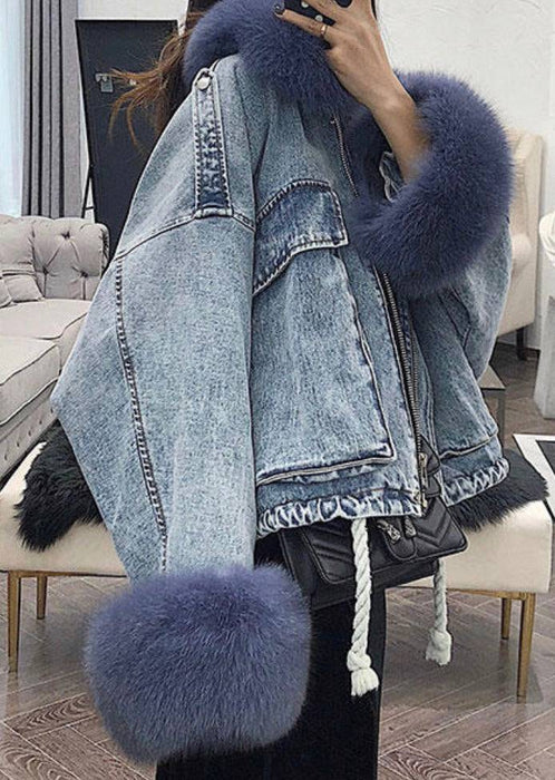 Genuine Fox Fur Trimmed Denim Jackets - BEYAZURA.COM