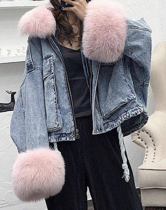 Genuine Fox Fur Trimmed Denim Jackets - BEYAZURA.COM