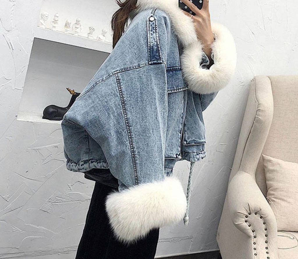 Fur trim denim outlet jacket