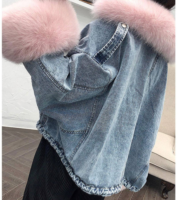 Genuine Fox Fur Trimmed Denim Jackets - BEYAZURA.COM