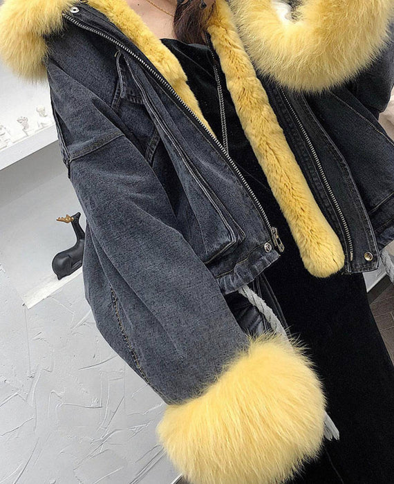 Genuine Fox Fur Trimmed Denim Jackets - BEYAZURA.COM