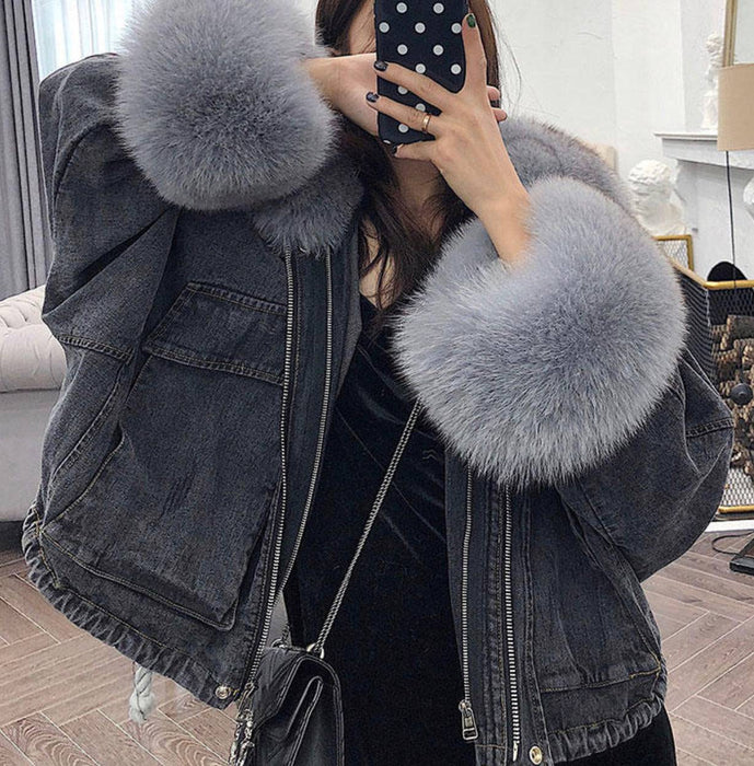 Genuine Fox Fur Trimmed Denim Jackets - BEYAZURA.COM