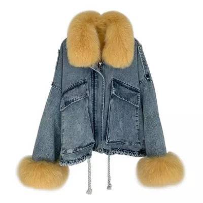 Genuine Fox Fur Trimmed Denim Jackets - BEYAZURA.COM