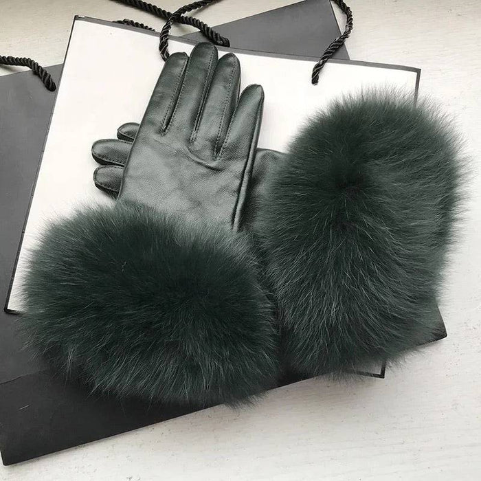 Genuine Fox Fur Trimmed Sheepskin Leather Gloves - BEYAZURA.COM