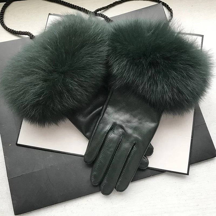 Genuine Fox Fur Trimmed Sheepskin Leather Gloves - BEYAZURA.COM