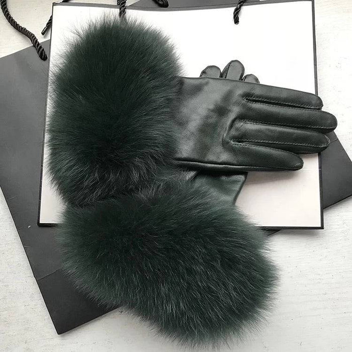 Genuine Fox Fur Trimmed Sheepskin Leather Gloves - BEYAZURA.COM