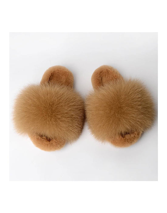 Genuine Fur Fluffy Slides - BEYAZURA.COM